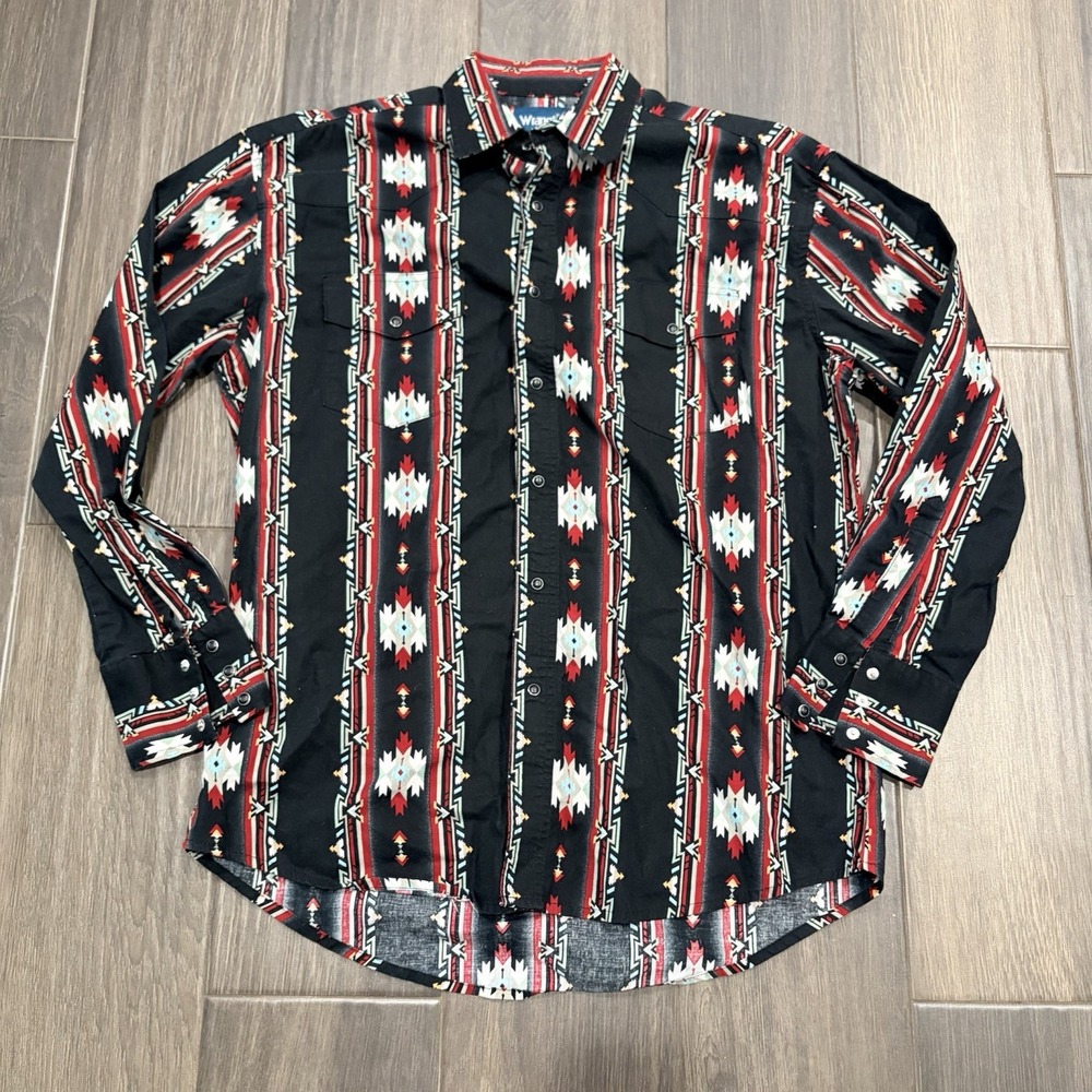 Wrangler Western Shirt Mens Large Red Black Aztec Geometric Pearl Snap Checotah